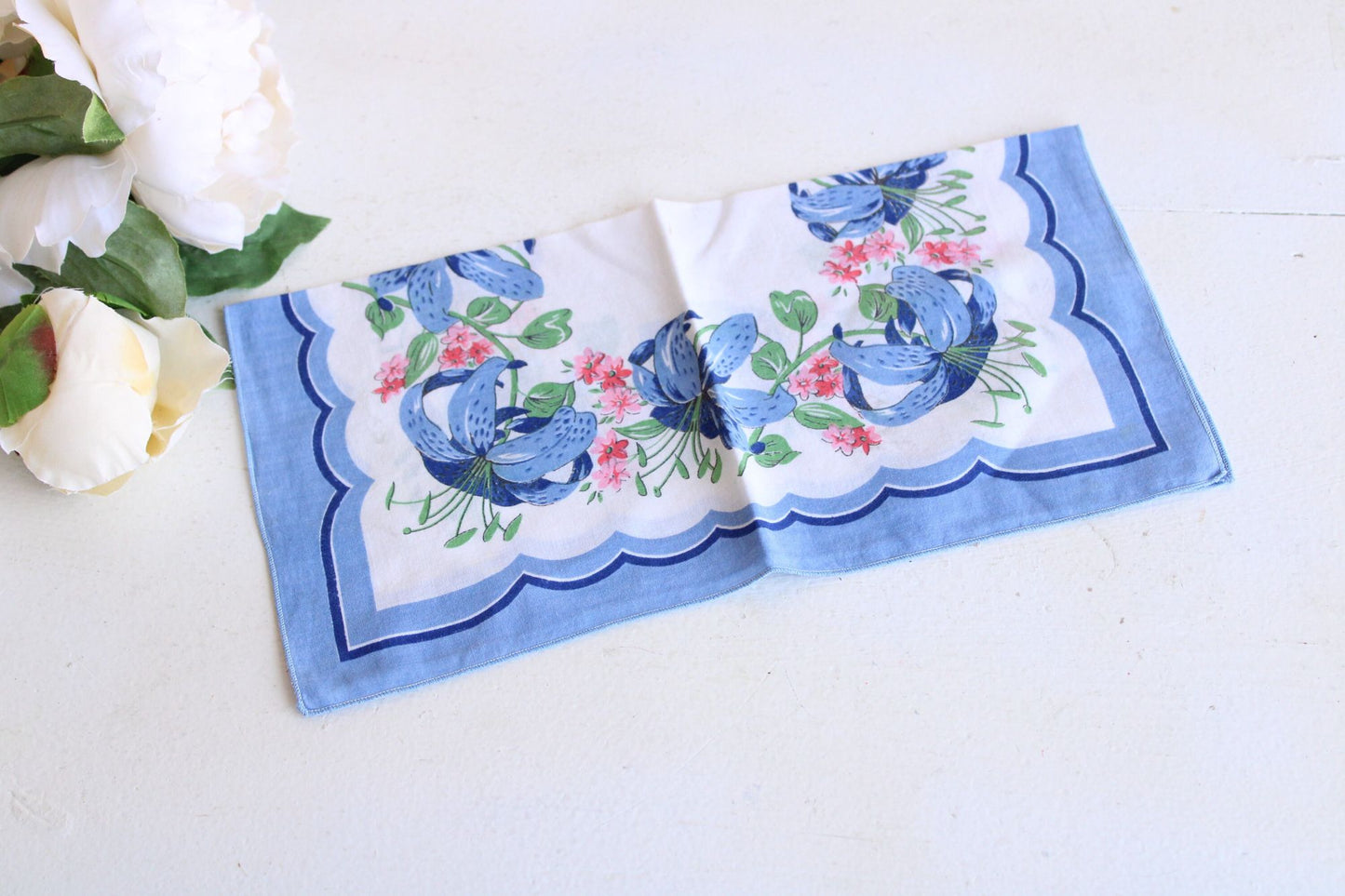 Vintage Cotton Handkerchief with Blue and Pink Flowers