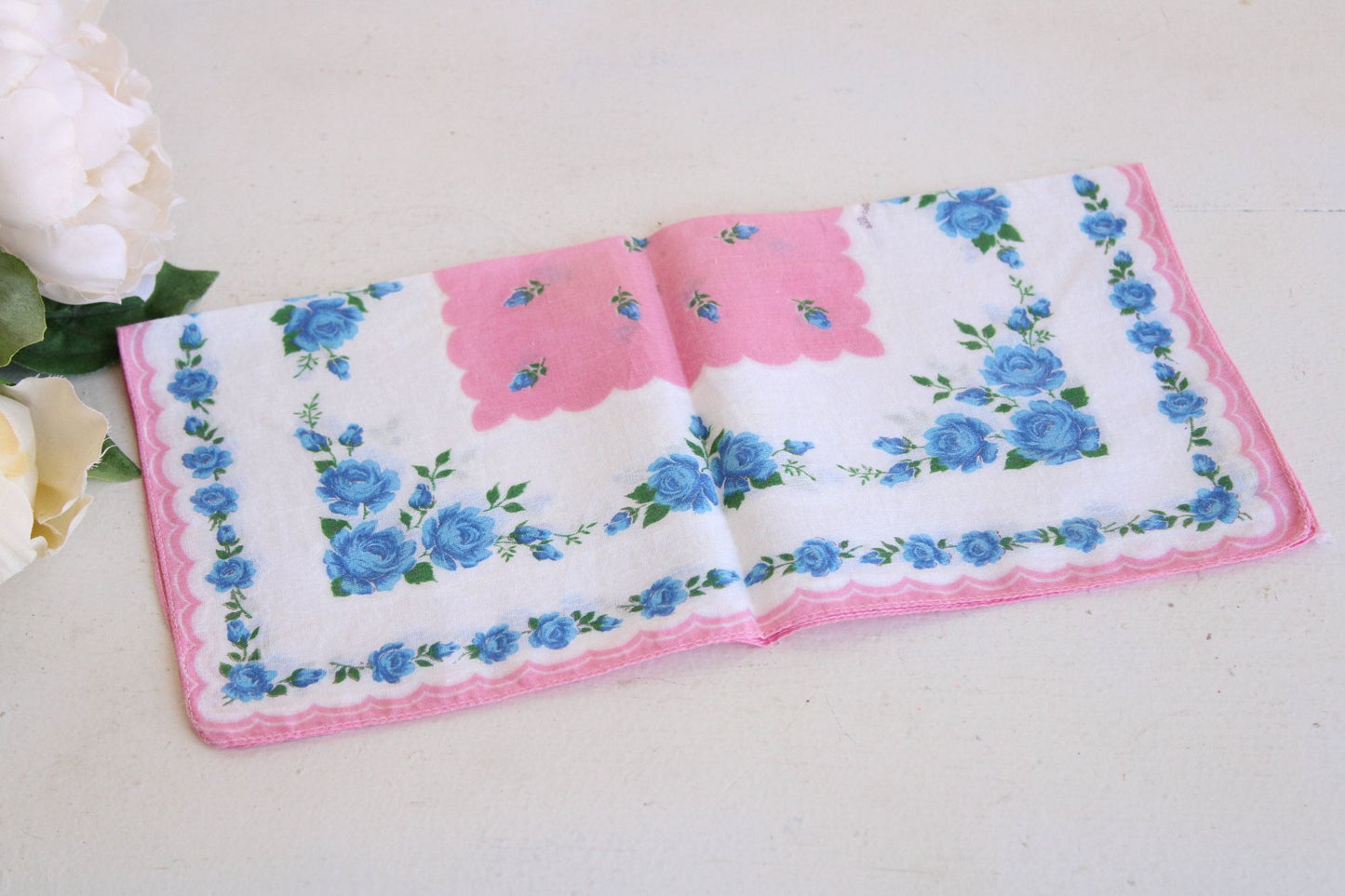 Vintage Blue Roses and Pink Flower Print Cotton Hanky