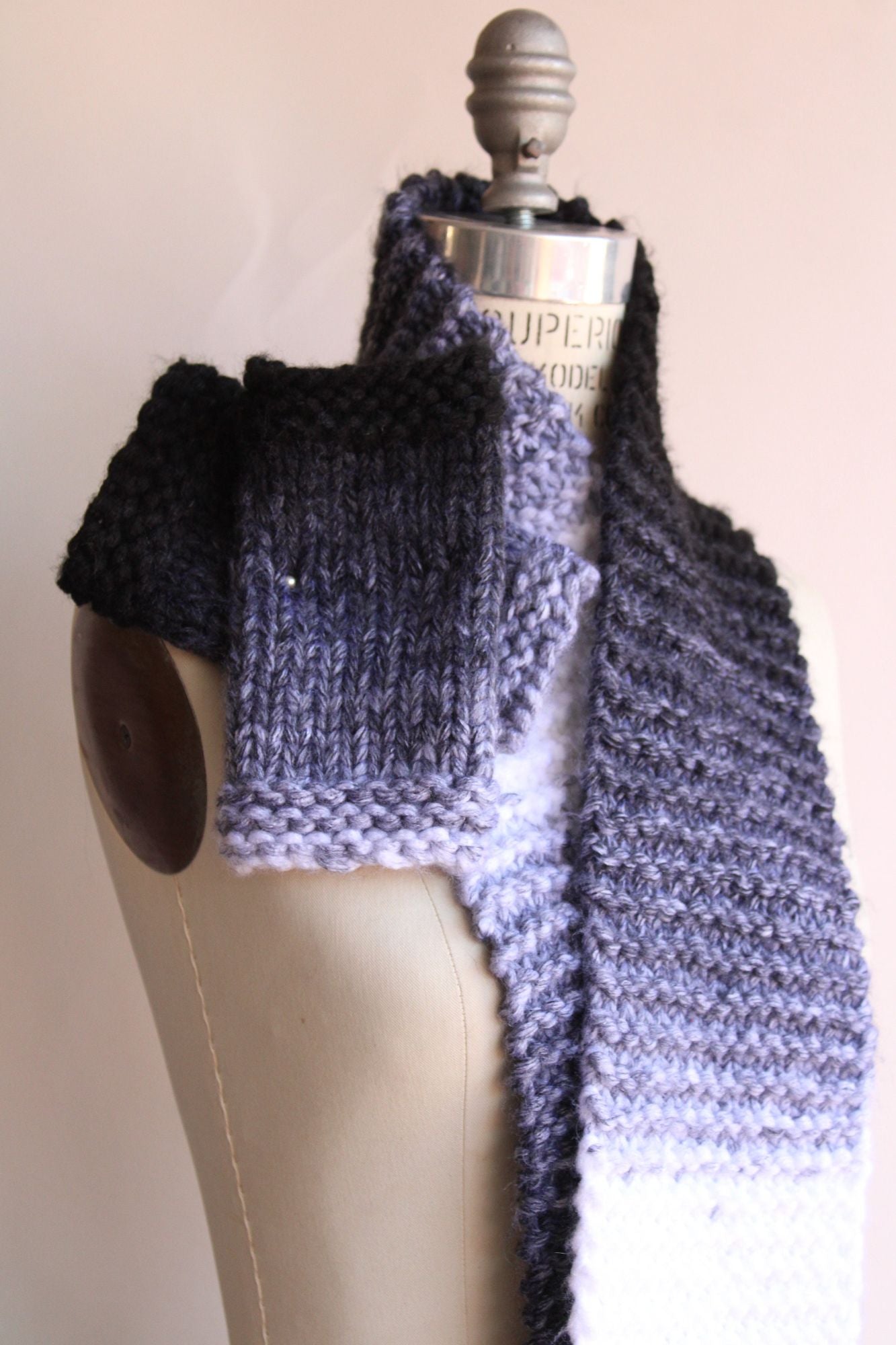 "Winter Ash" Hand Knit Scarf with Fringe in Ombre Black, Gray and White