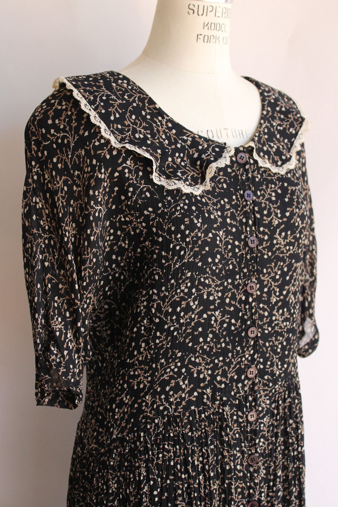 Vintage 1980's 1990s Black Floral Print Rayon Dress