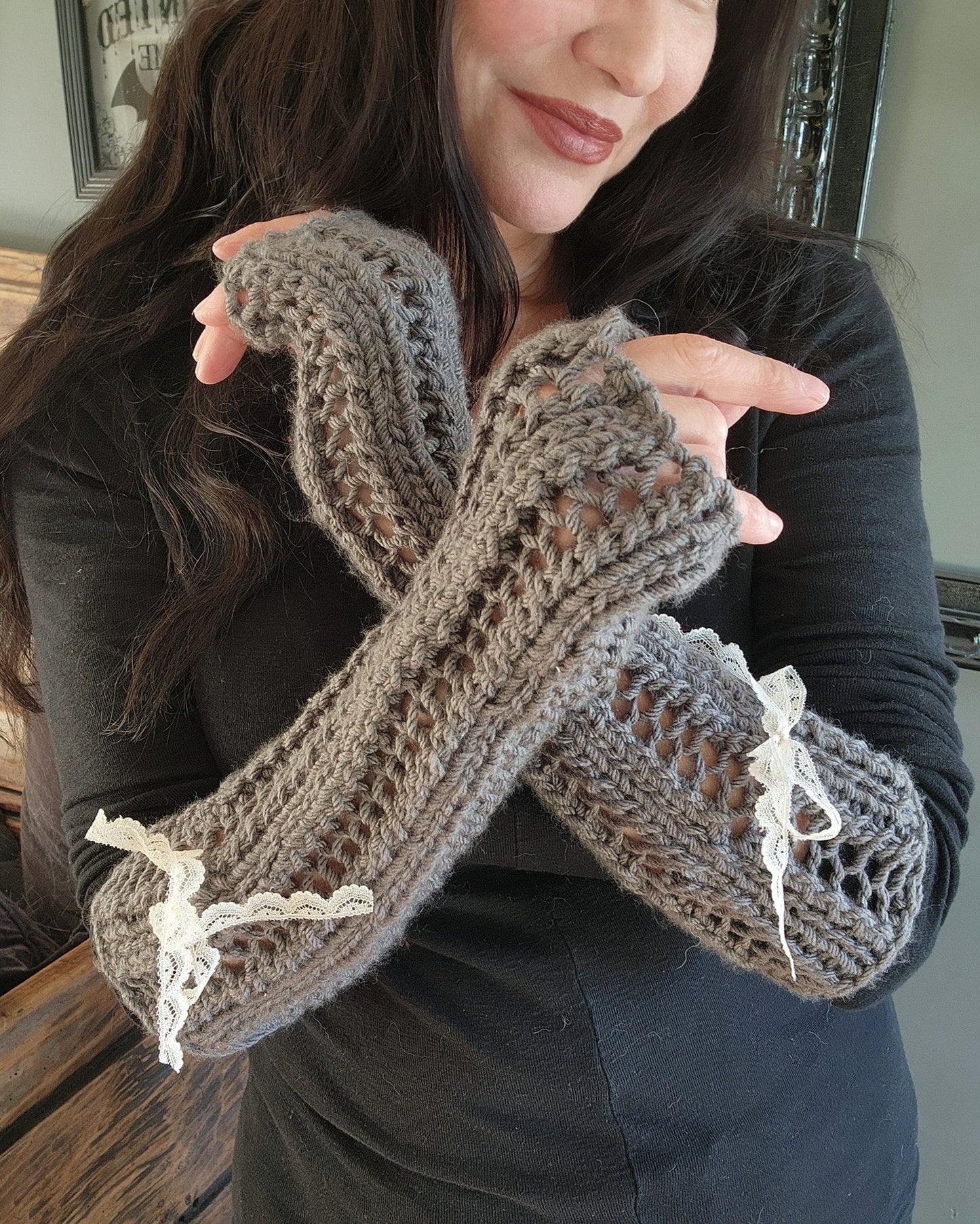 The Scottish Frost Hand Knit Fingerless Gloves in Gray with Vintage Lace