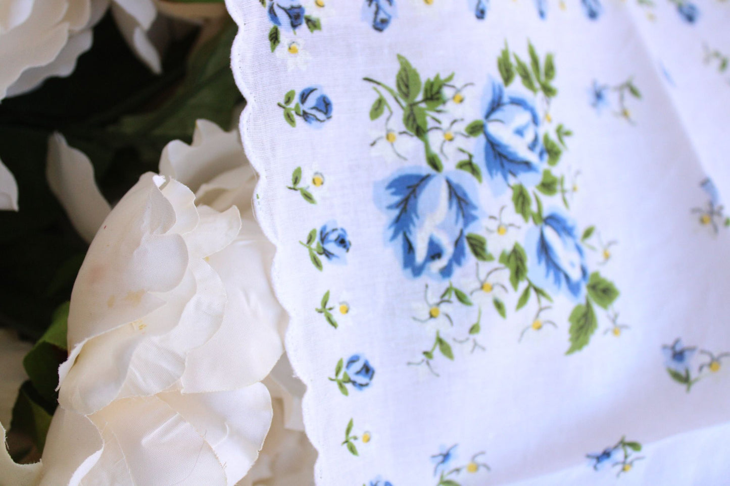Vintage Blue Rose Flower Print Cotton Hanky