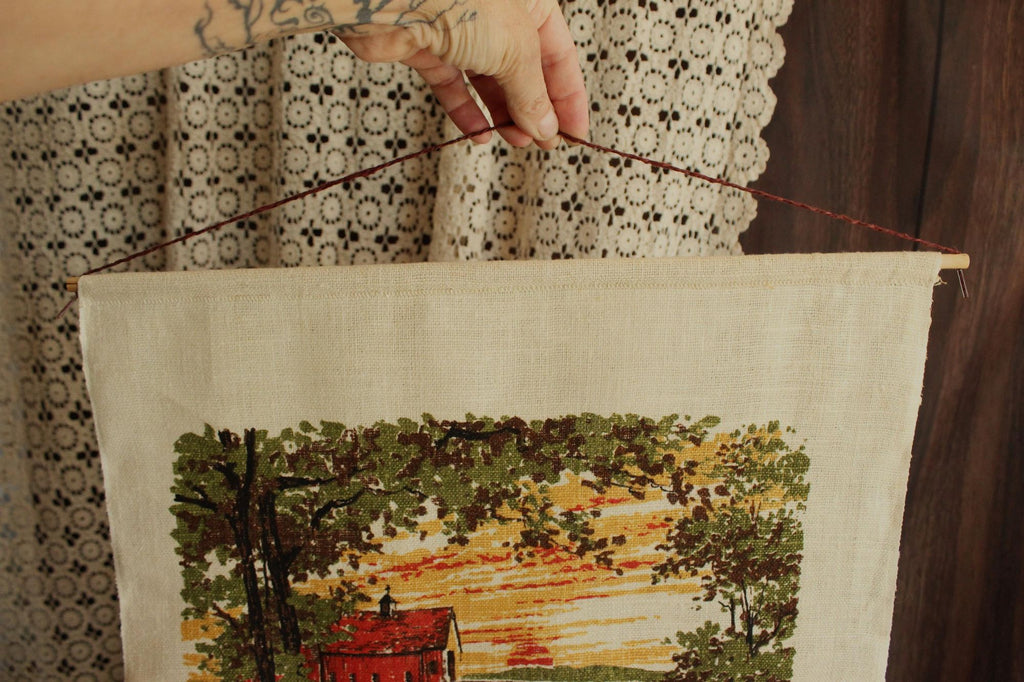 Vintage 1960s Calendar Towel, 1968 Linen Farm Barn Print with Hanging Rod
