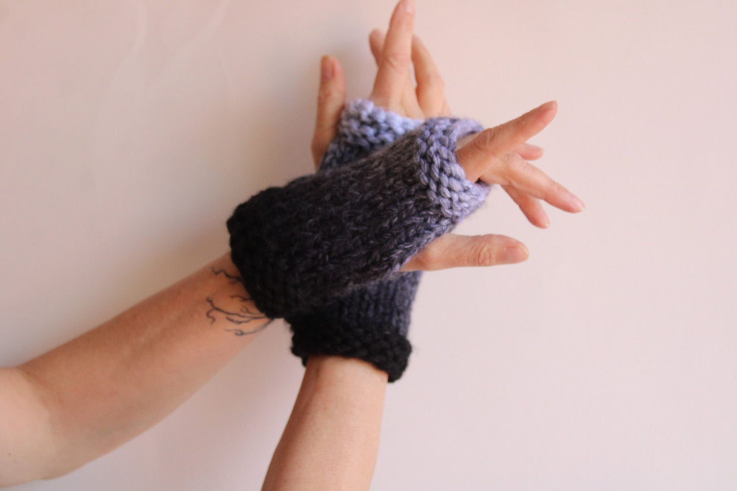 "Winter Ash" Hand Knit Fingerless Gloves, Armwarmers in Ombre Black, Gray and White
