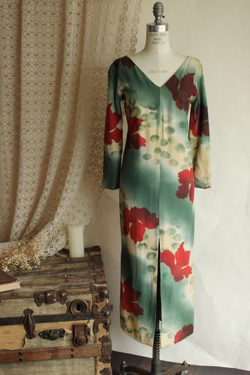 Vintage 1960s Green and Red Asian Rayon Maxidress with Iris Floral Print