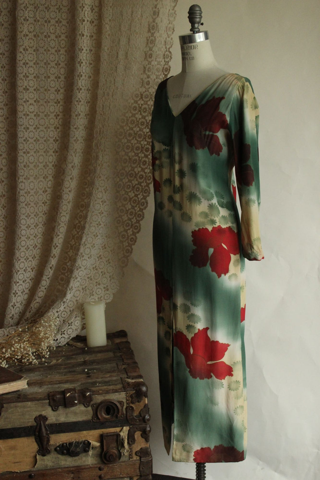 Vintage 1960s Green and Red Asian Rayon Maxidress with Iris Floral Print