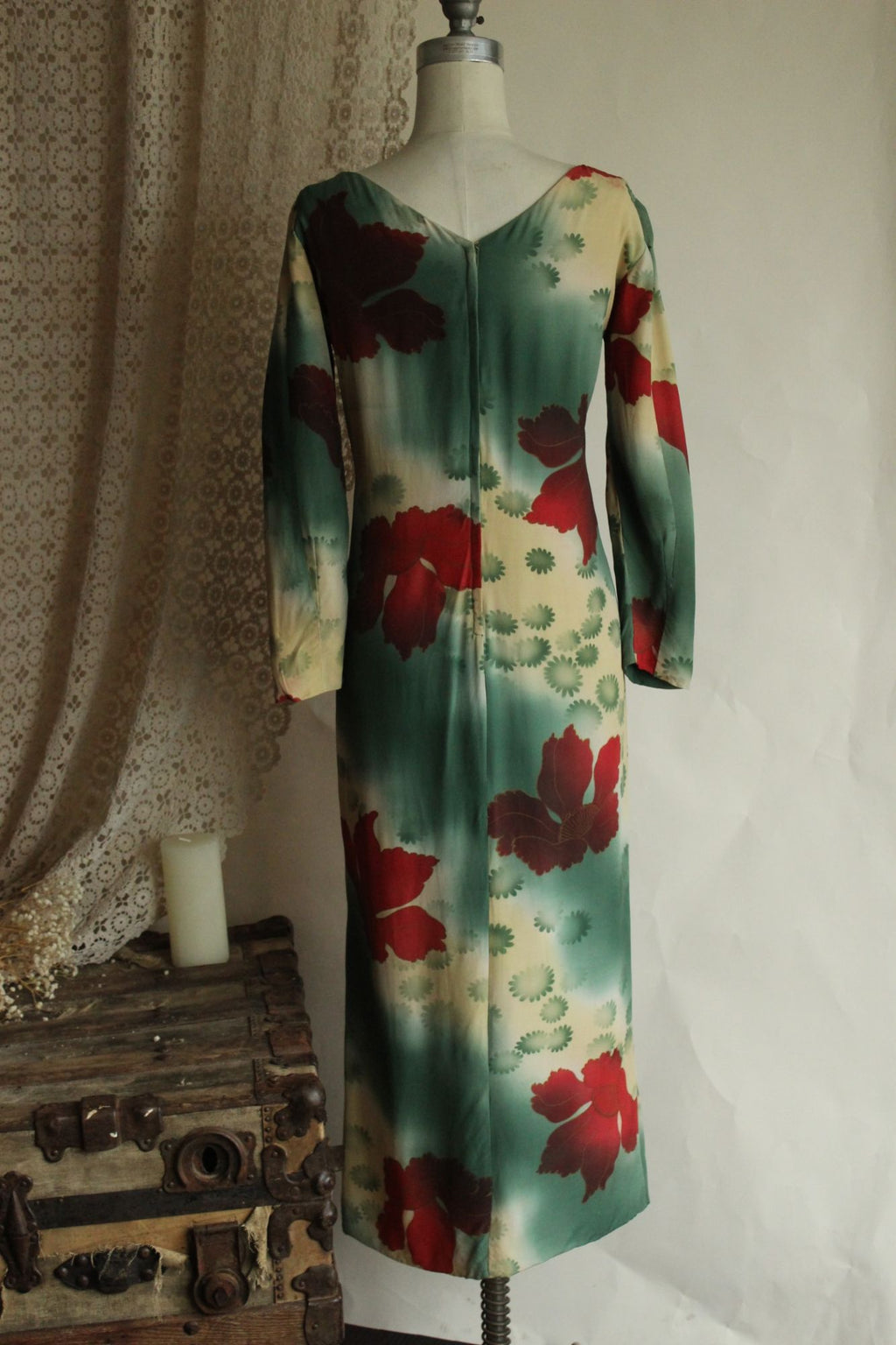 Vintage 1960s Green and Red Asian Rayon Maxidress with Iris Floral Print