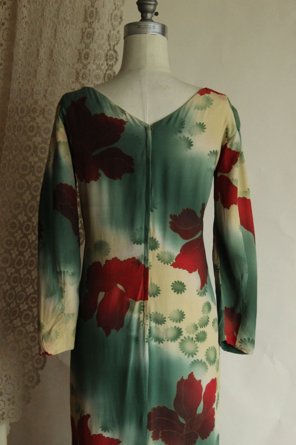 Vintage 1960s Green and Red Asian Rayon Maxidress with Iris Floral Print