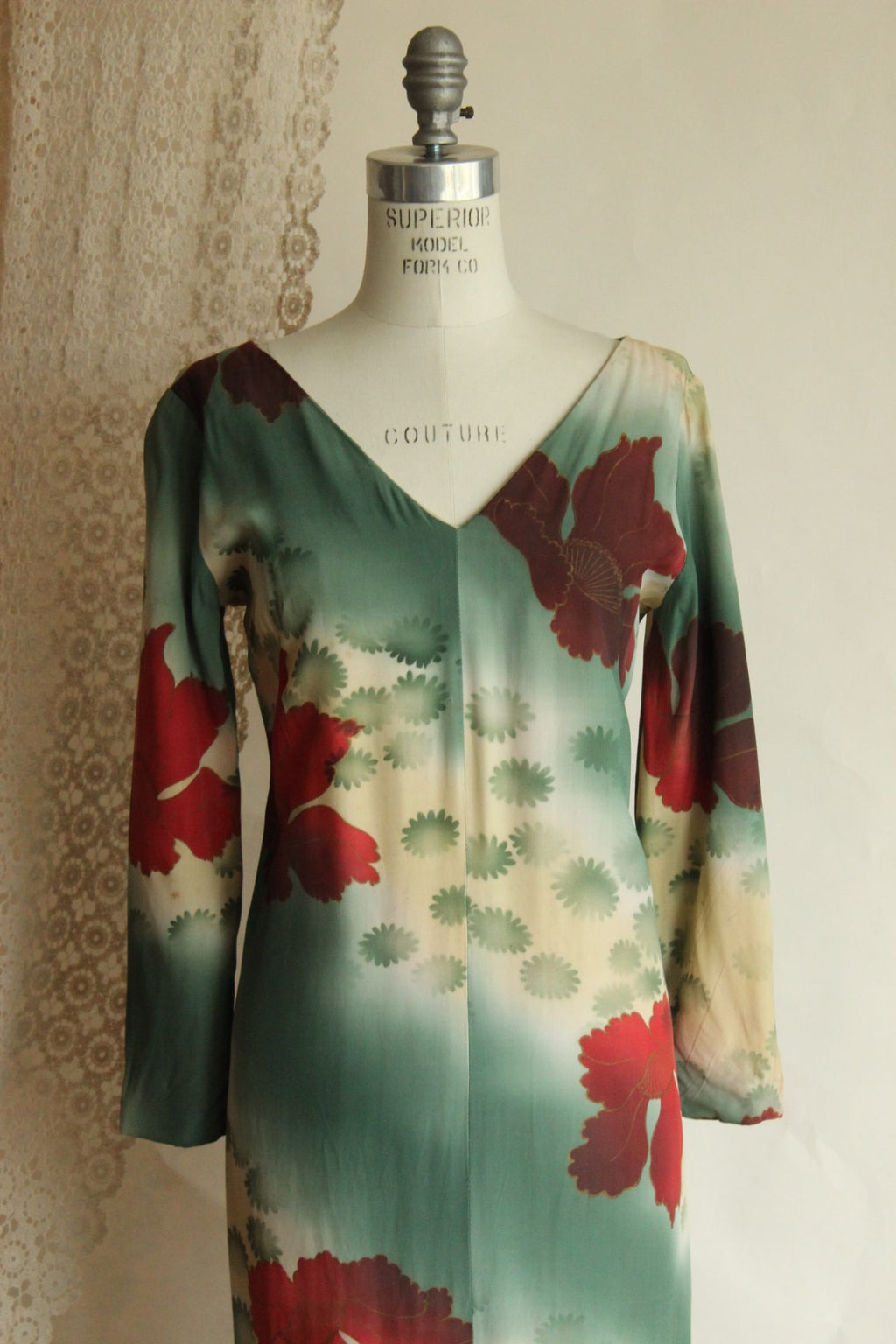 Vintage 1960s Green and Red Asian Rayon Maxidress with Iris Floral Print