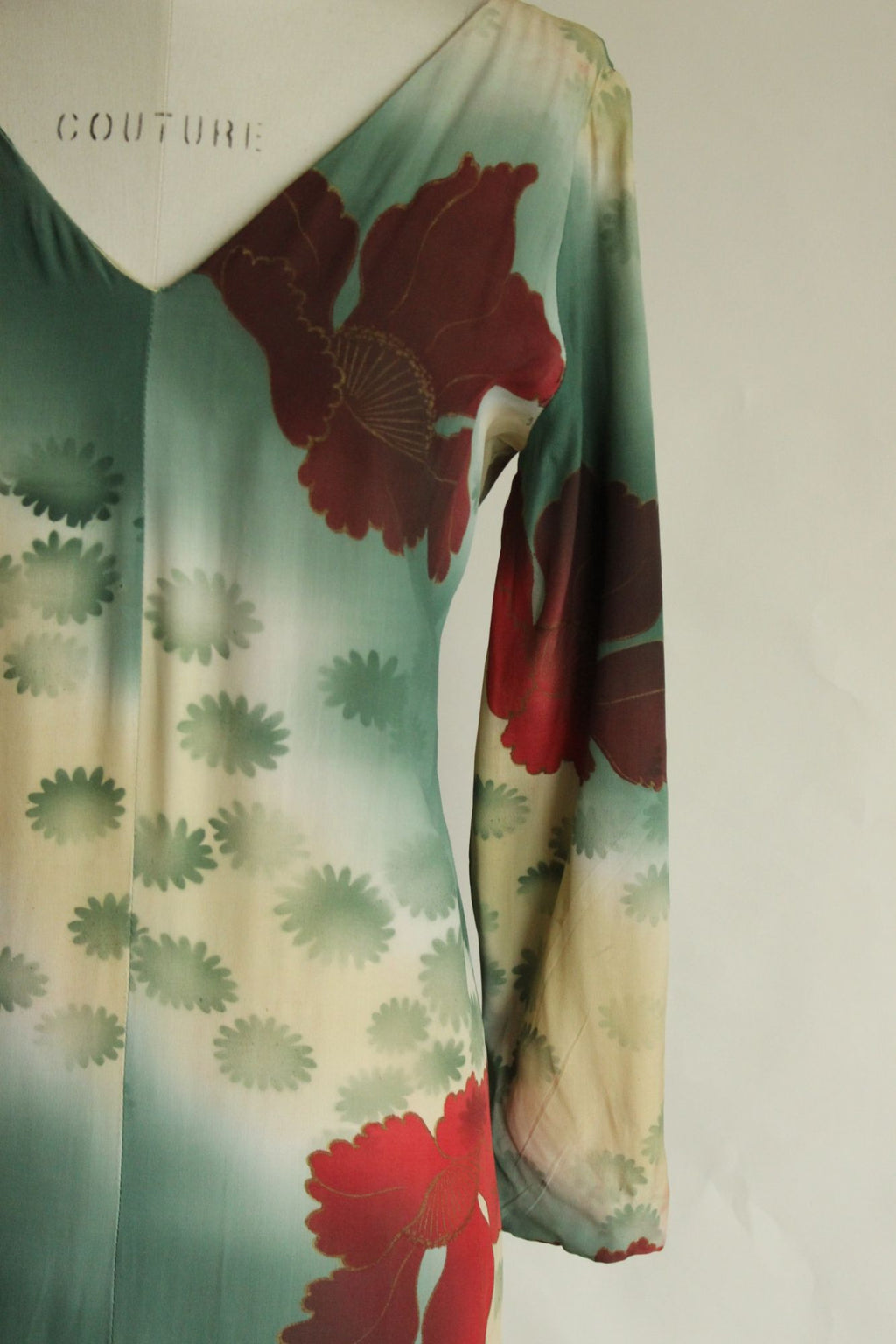 Vintage 1960s Green and Red Asian Rayon Maxidress with Iris Floral Print