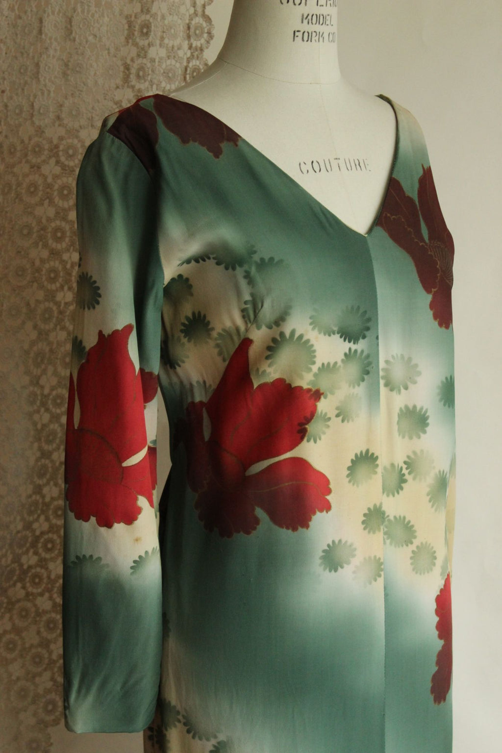 Vintage 1960s Green and Red Asian Rayon Maxidress with Iris Floral Print