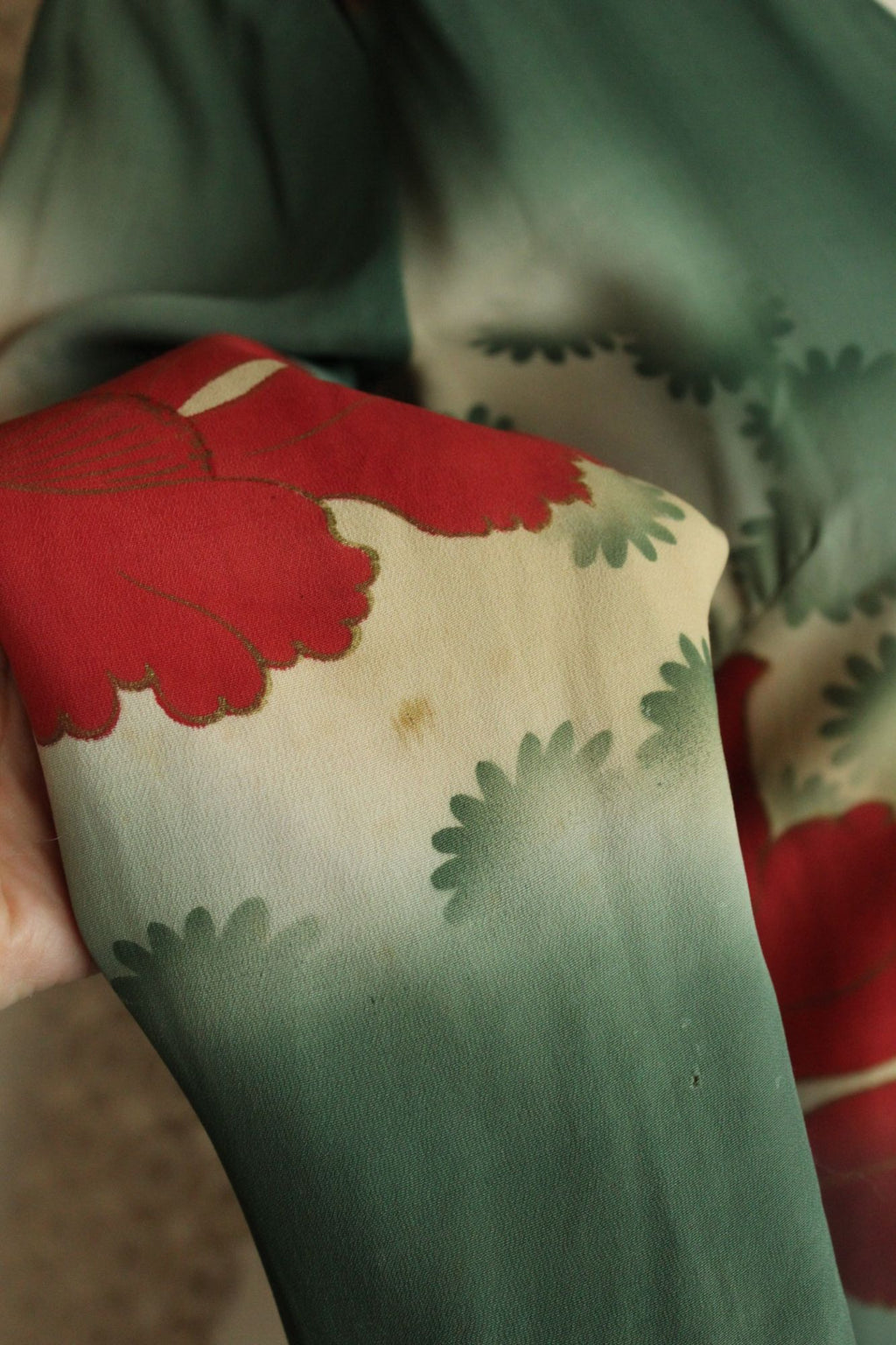 Vintage 1960s Green and Red Asian Rayon Maxidress with Iris Floral Print