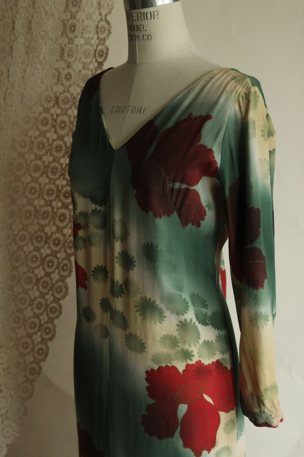 Vintage 1960s Green and Red Asian Rayon Maxidress with Iris Floral Print