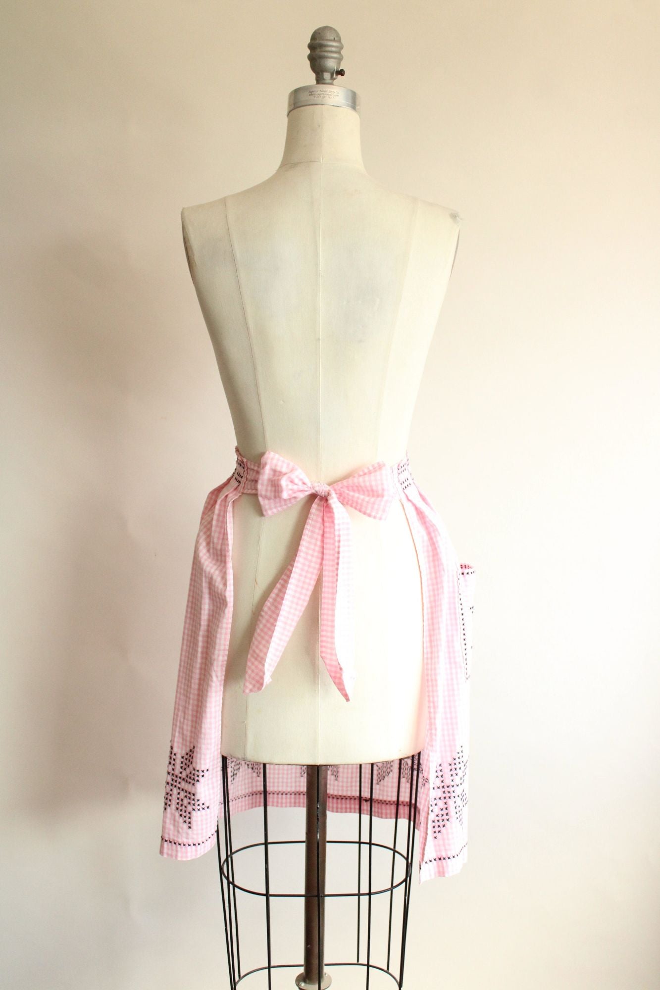 Vintage 1960s Pink and White Gingham With Black Cross Stitch Half Apron