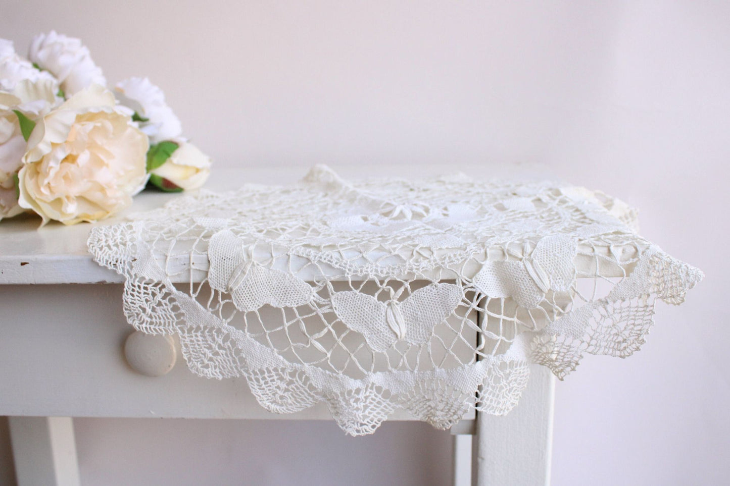 Vintage Doily, Ivory Crochet with Butterflies