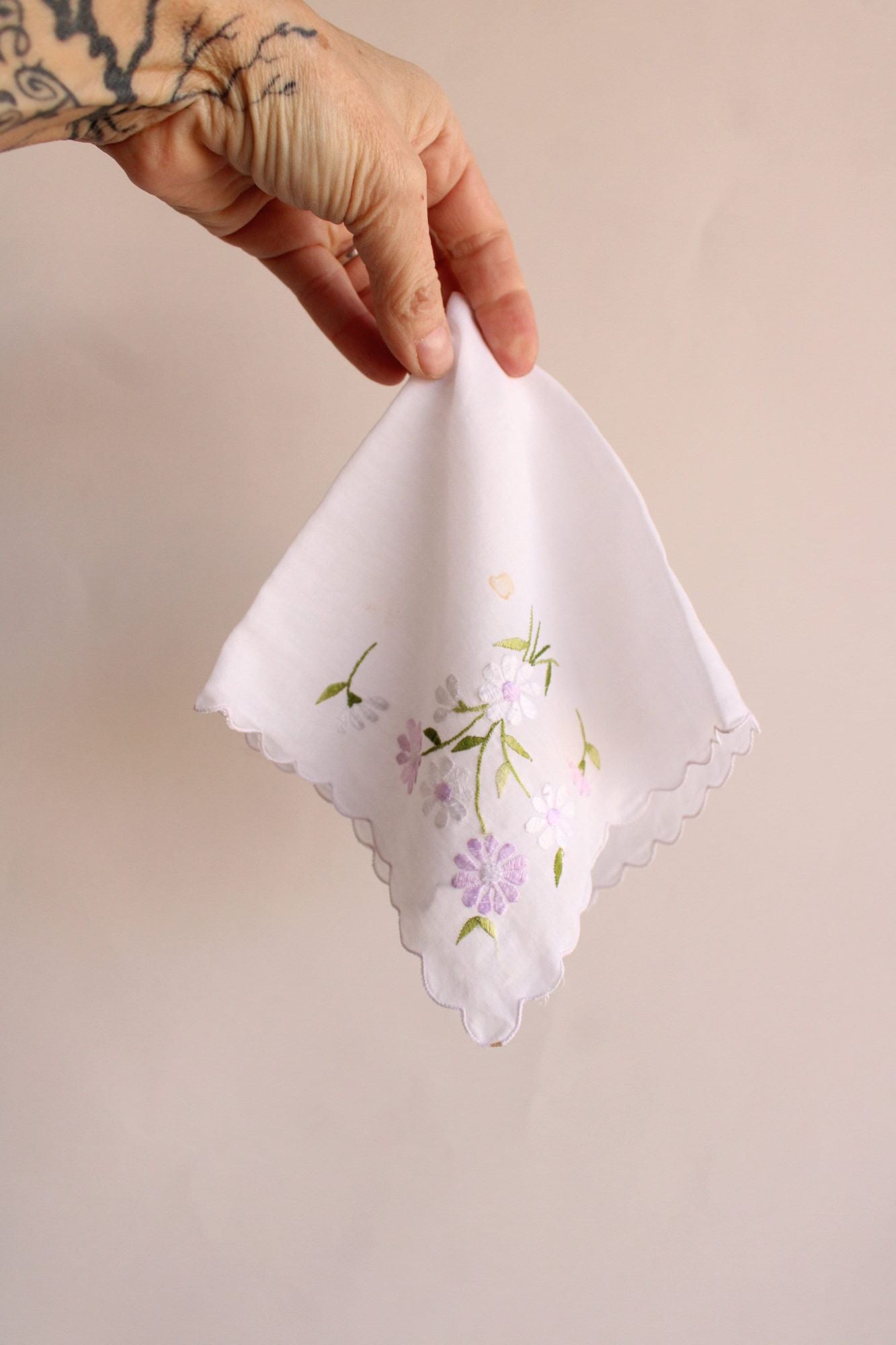 Vintage Handkerchief with Purple and White Daisy Flower Embroidery