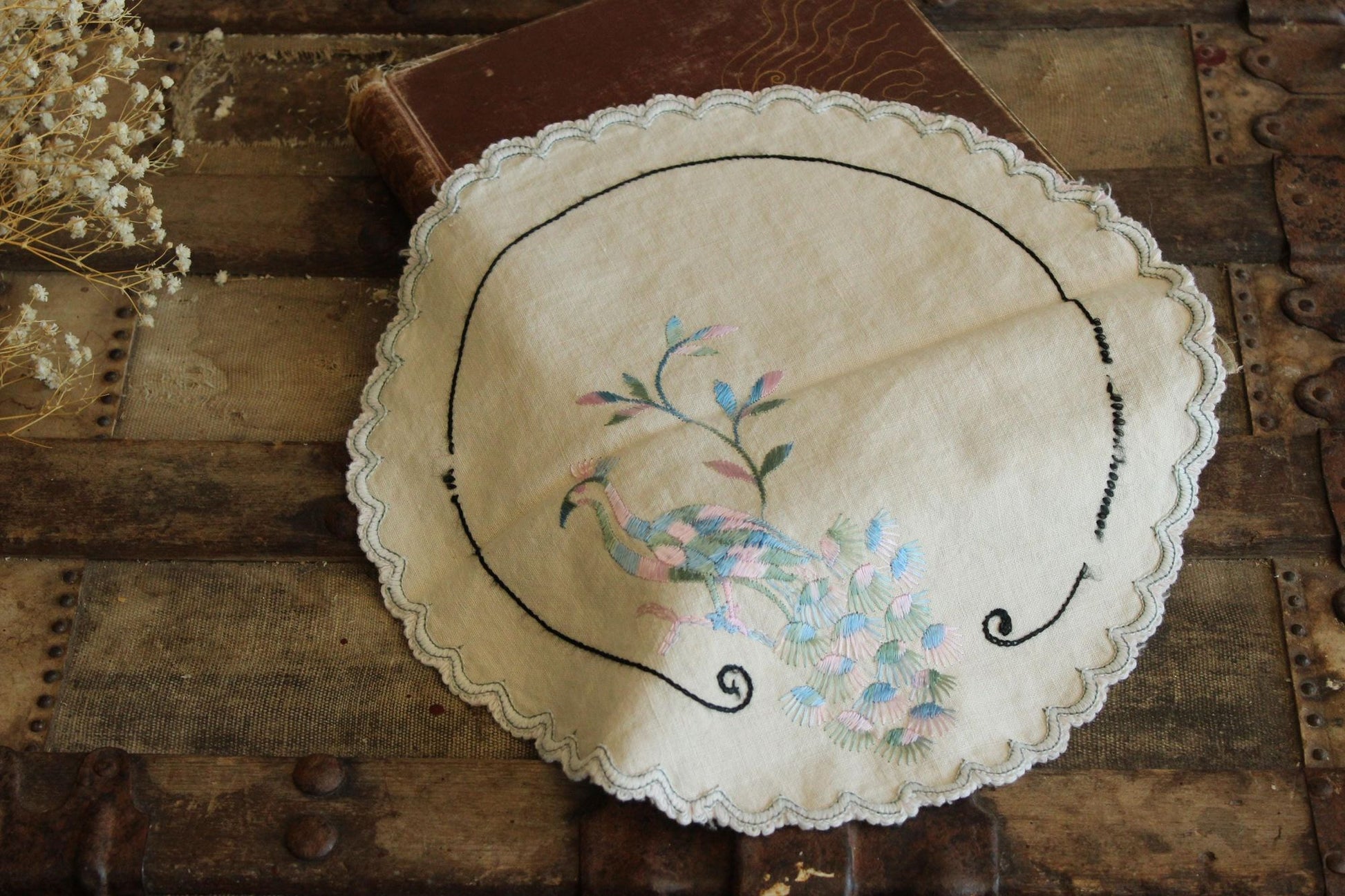 Vintage 1930s 1940s Off White Linen Doily With Peacock Embroidery