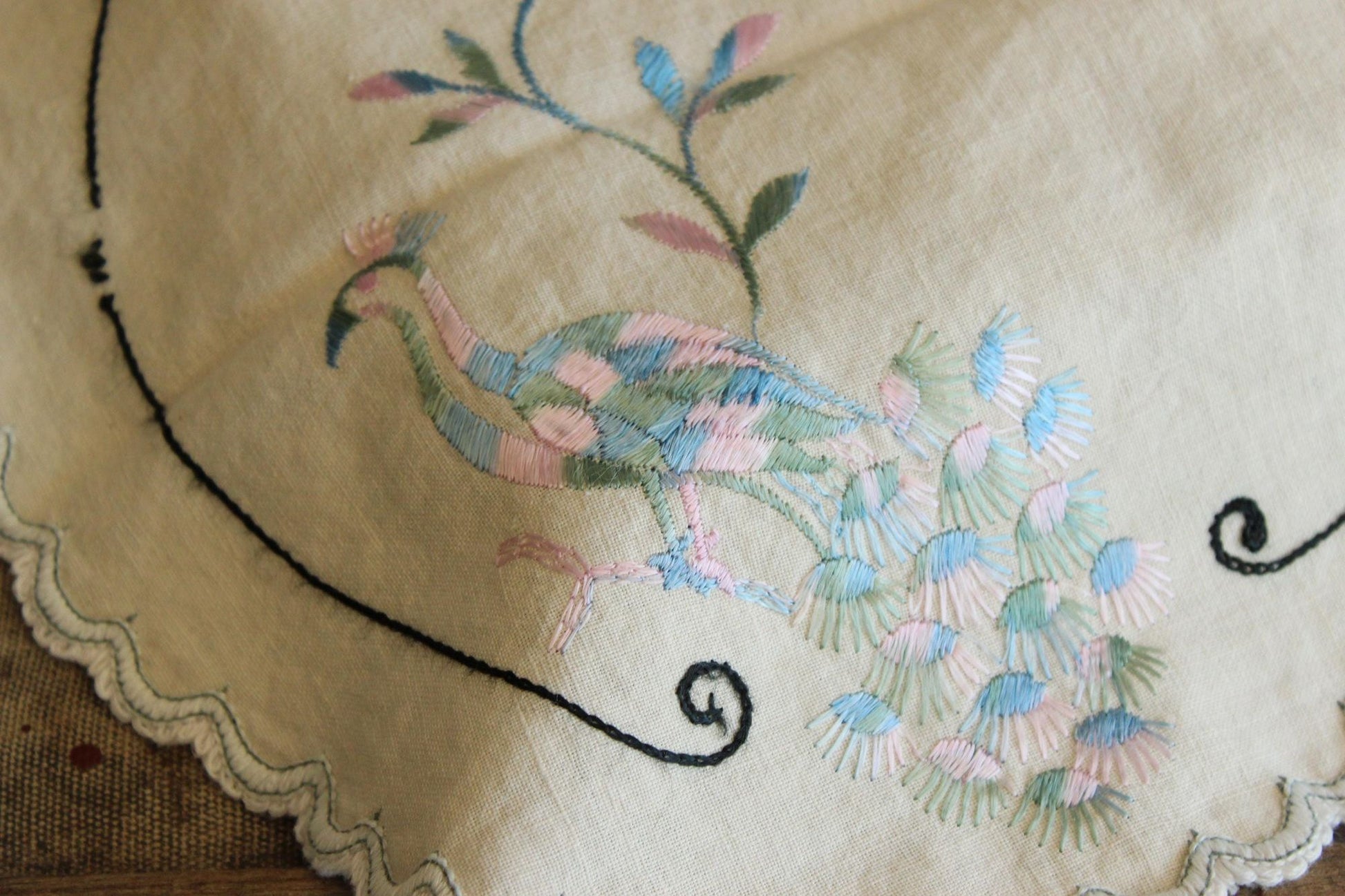 Vintage 1930s 1940s Off White Linen Doily With Peacock Embroidery