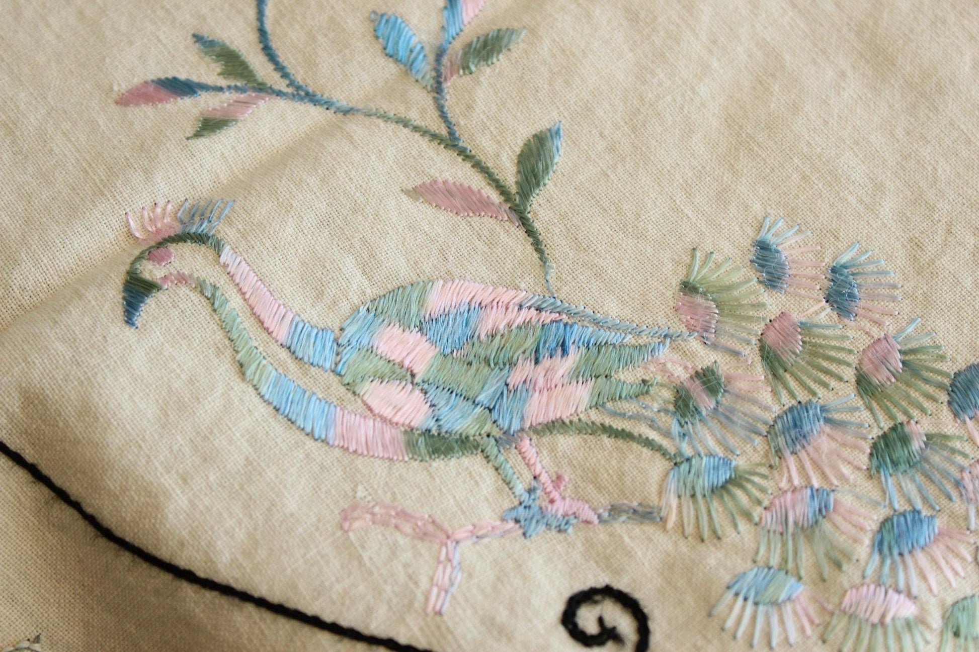 Vintage 1930s 1940s Off White Linen Doily With Peacock Embroidery