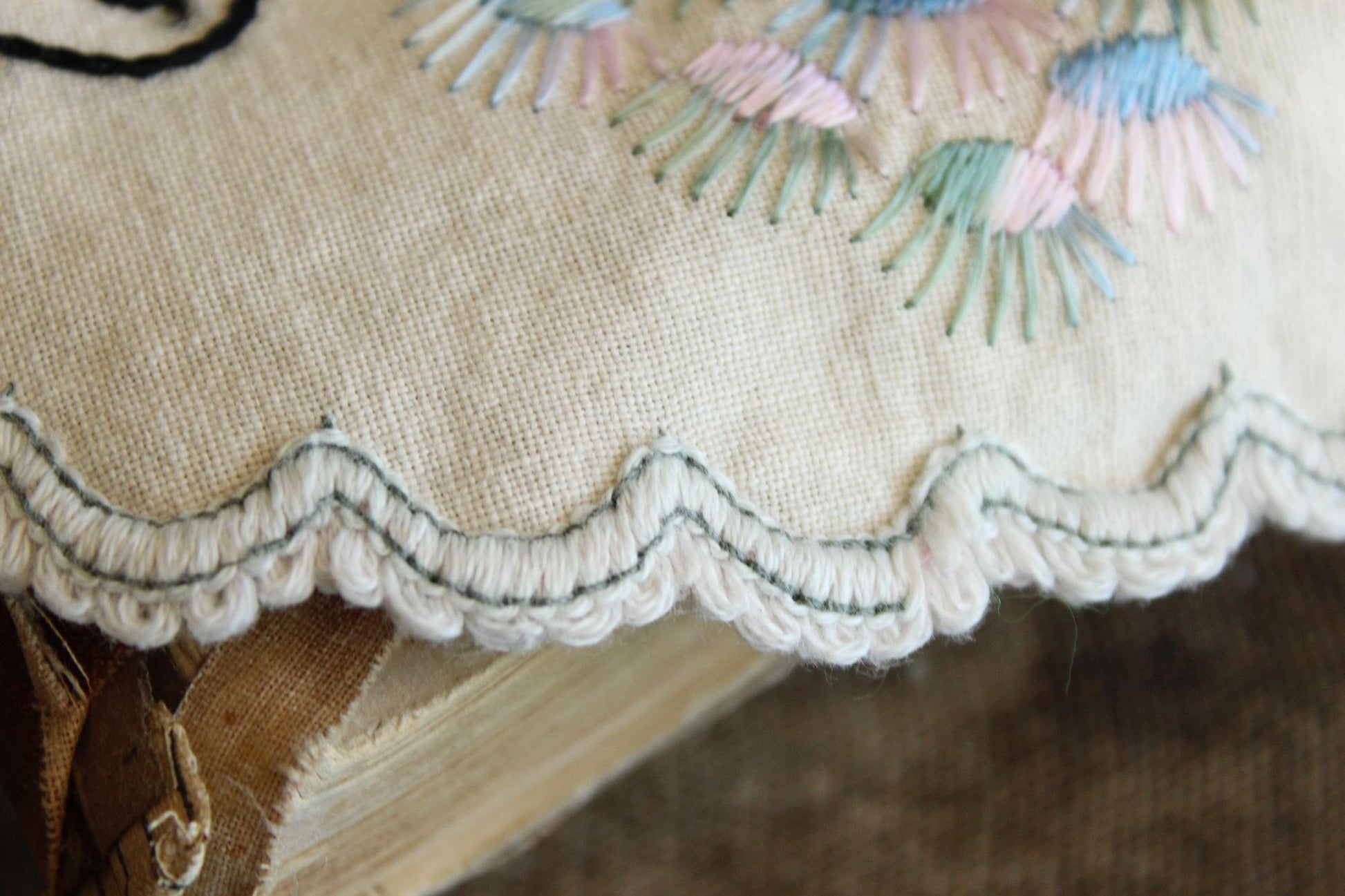 Vintage 1930s 1940s Off White Linen Doily With Peacock Embroidery