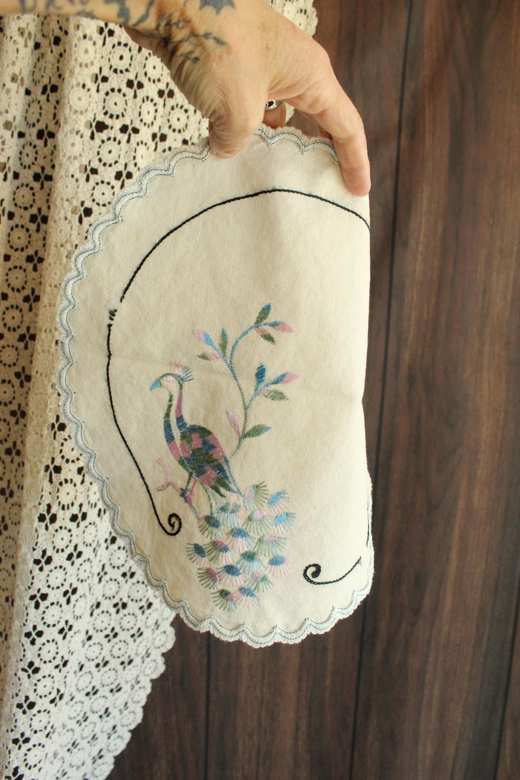 Vintage 1930s 1940s Off White Linen Doily With Peacock Embroidery