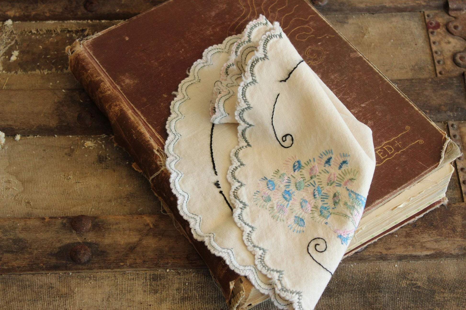Vintage 1930s 1940s Off White Linen Doily With Peacock Embroidery