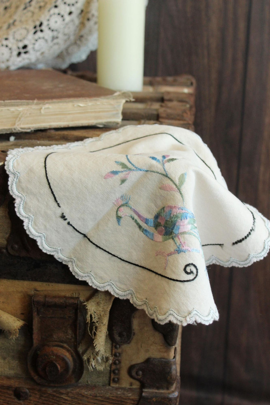 Vintage 1930s 1940s Off White Linen Doily With Peacock Embroidery