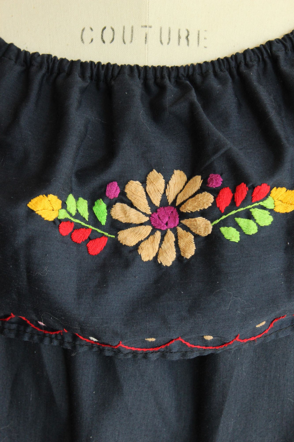 Vintage 1980s 1990s Volup Navy Blue Mexican Oaxaca Embroidered Floral Dress
