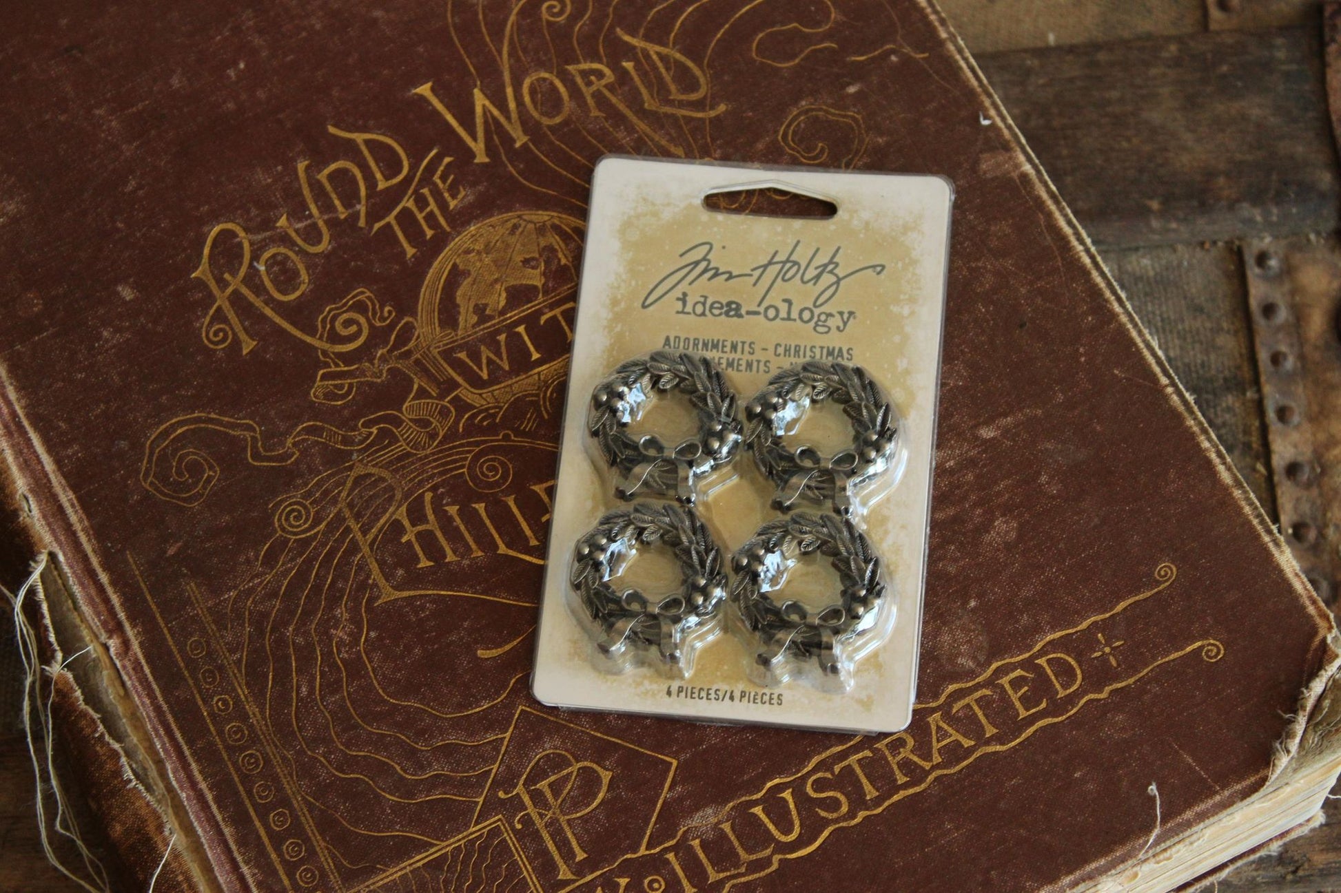 Tim Holtz Idea-ology Christmas Wreath Adornments TH94300 - Pack of 4 Miniature Metal Holiday Wreath Charms
