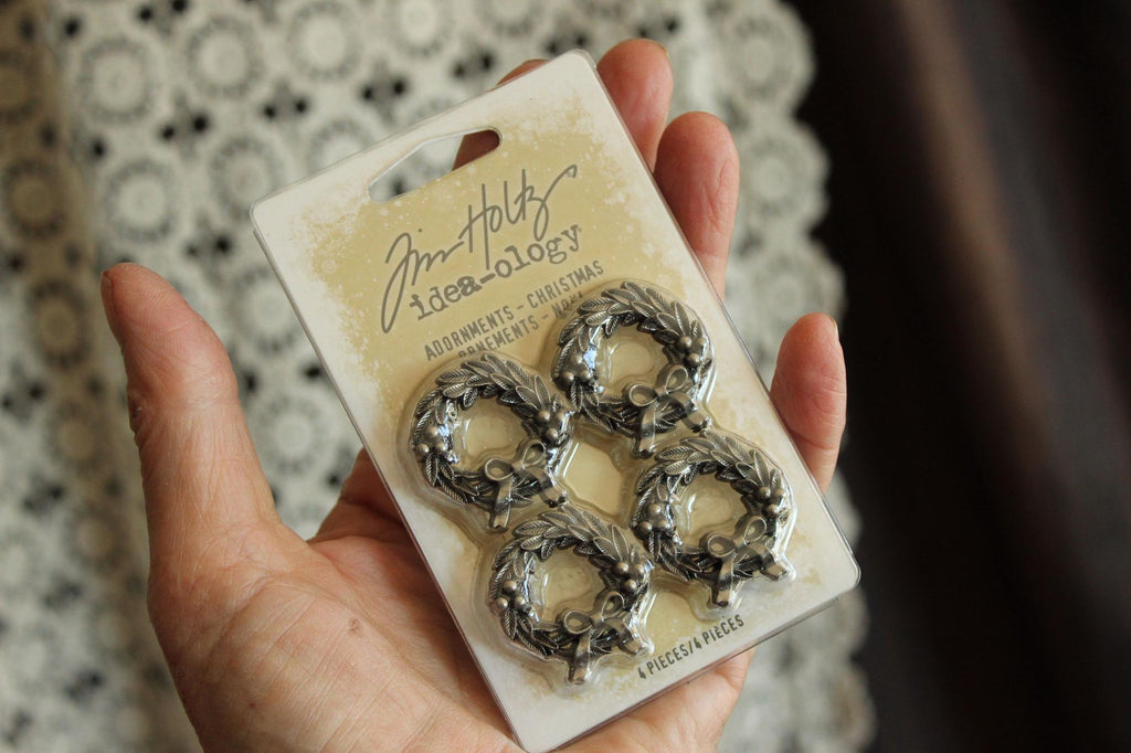 Tim Holtz Idea-ology Christmas Wreath Adornments TH94300 - Pack of 4 Miniature Metal Holiday Wreath Charms
