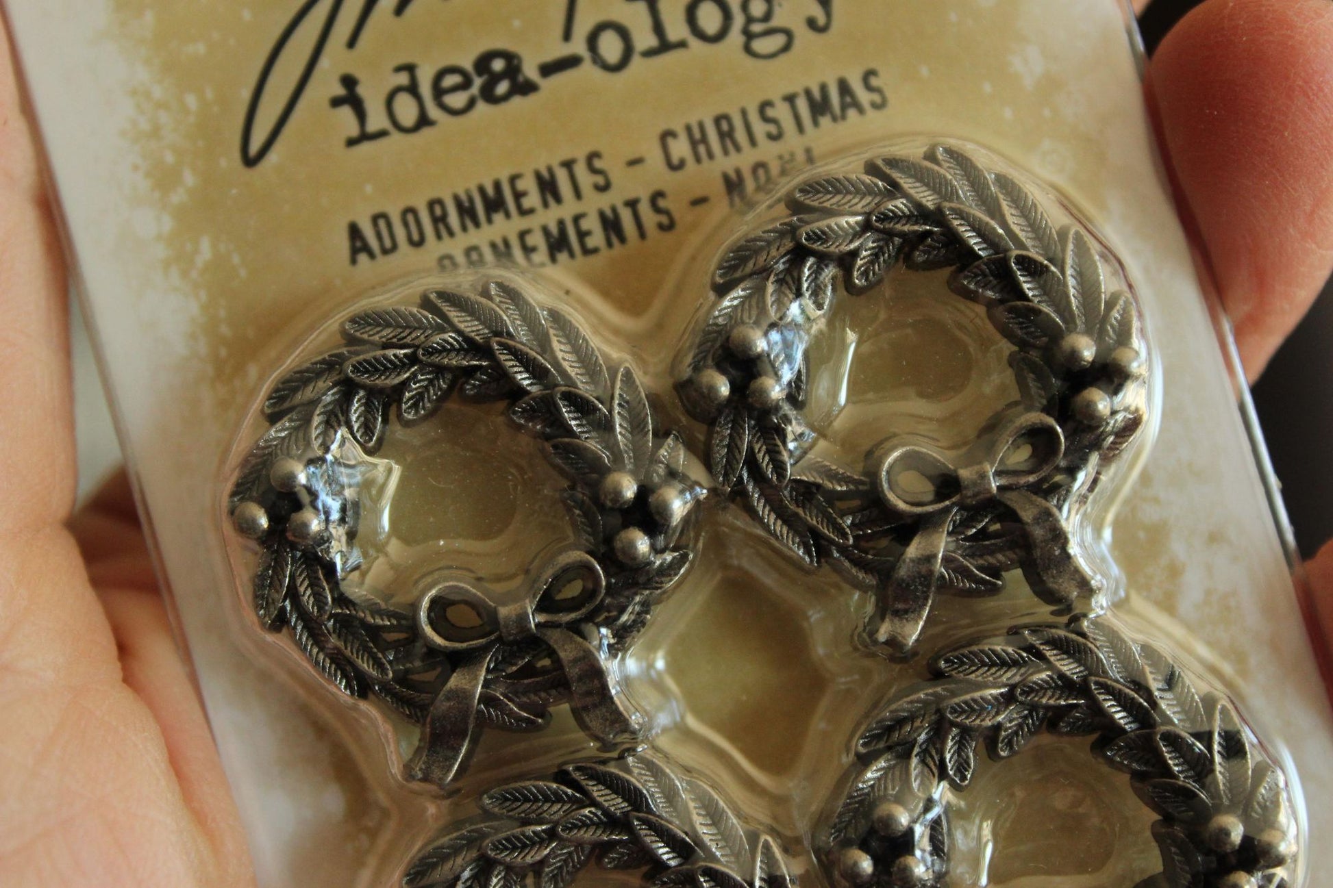 Tim Holtz Idea-ology Christmas Wreath Adornments TH94300 - Pack of 4 Miniature Metal Holiday Wreath Charms