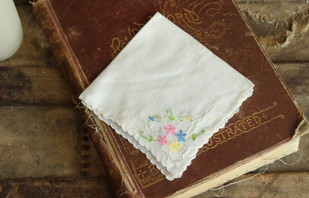 Vintage Pink Blue and Yellow Flower Embroidery on White Cotton Hankie