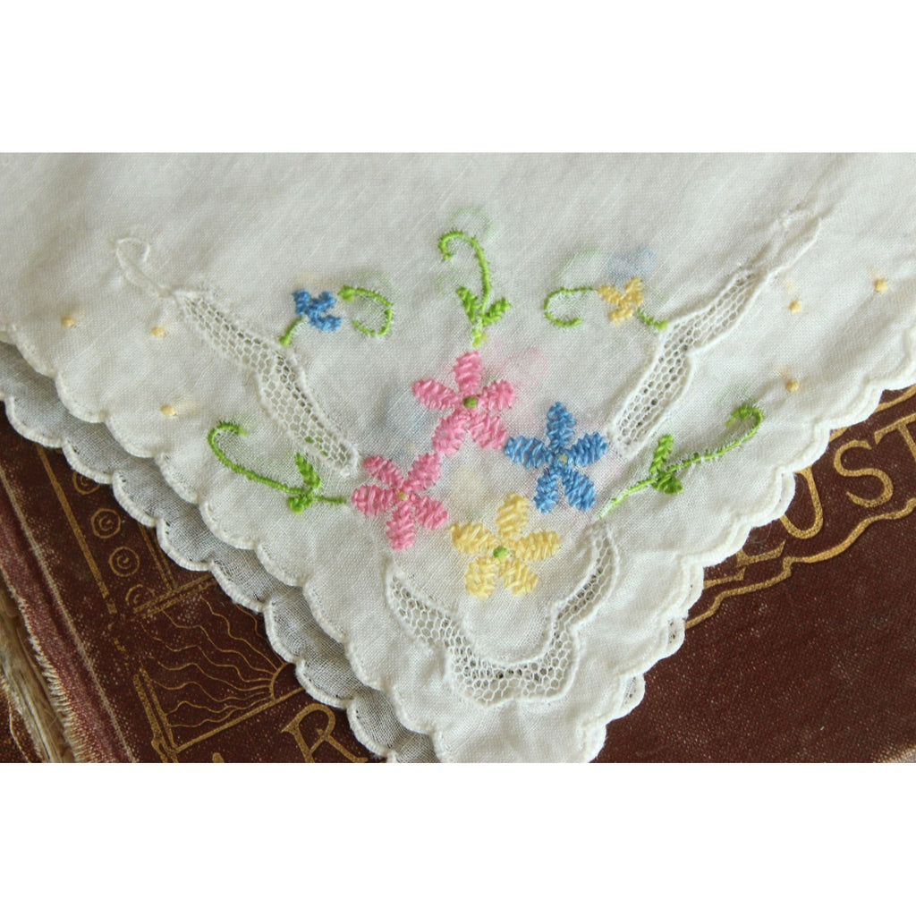 Vintage Pink Blue and Yellow Flower Embroidery on White Cotton Hankie