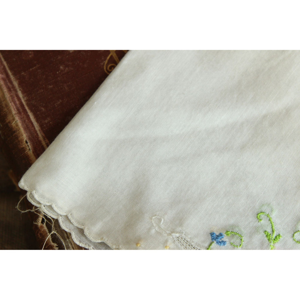 Vintage Pink Blue and Yellow Flower Embroidery on White Cotton Hankie