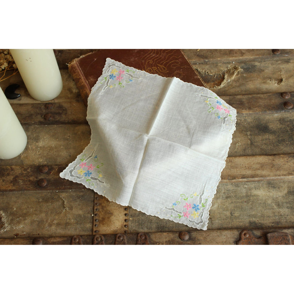 Vintage Pink Blue and Yellow Flower Embroidery on White Cotton Hankie