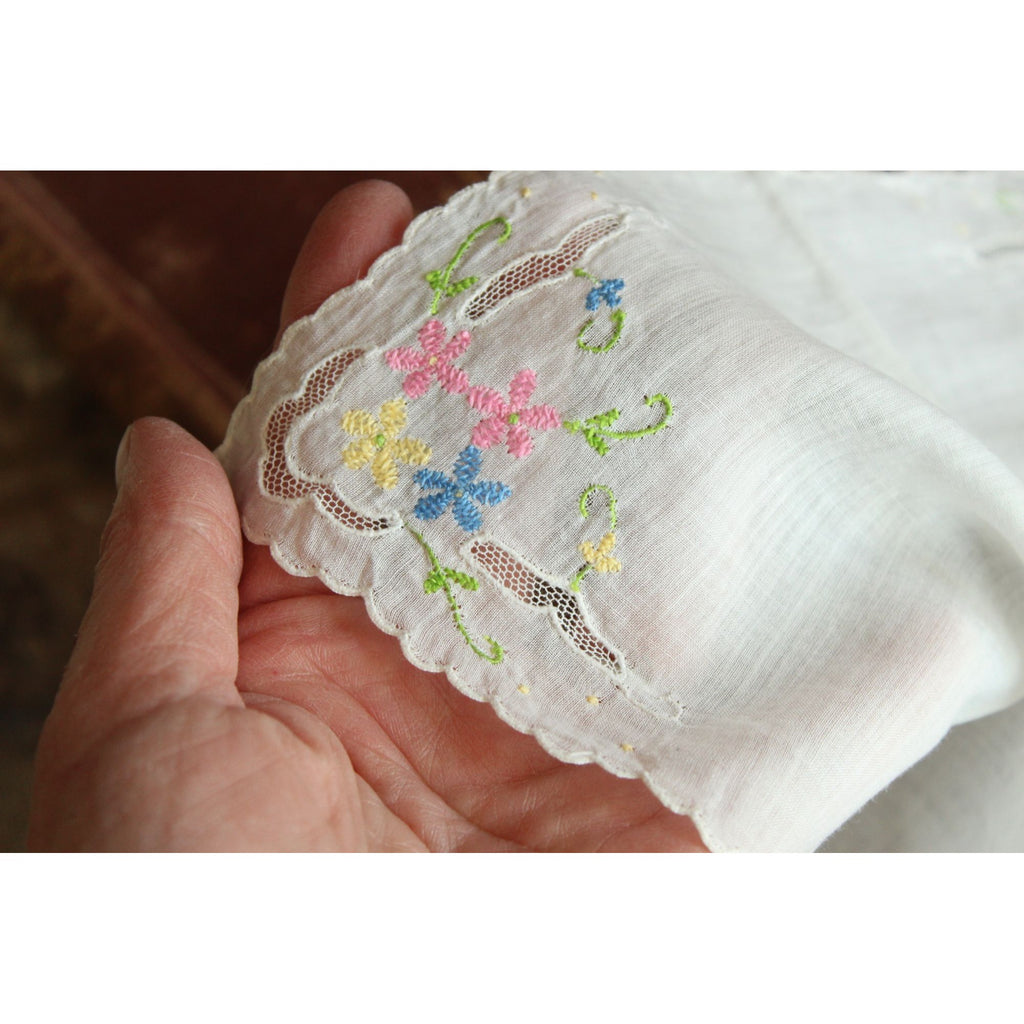 Vintage Pink Blue and Yellow Flower Embroidery on White Cotton Hankie