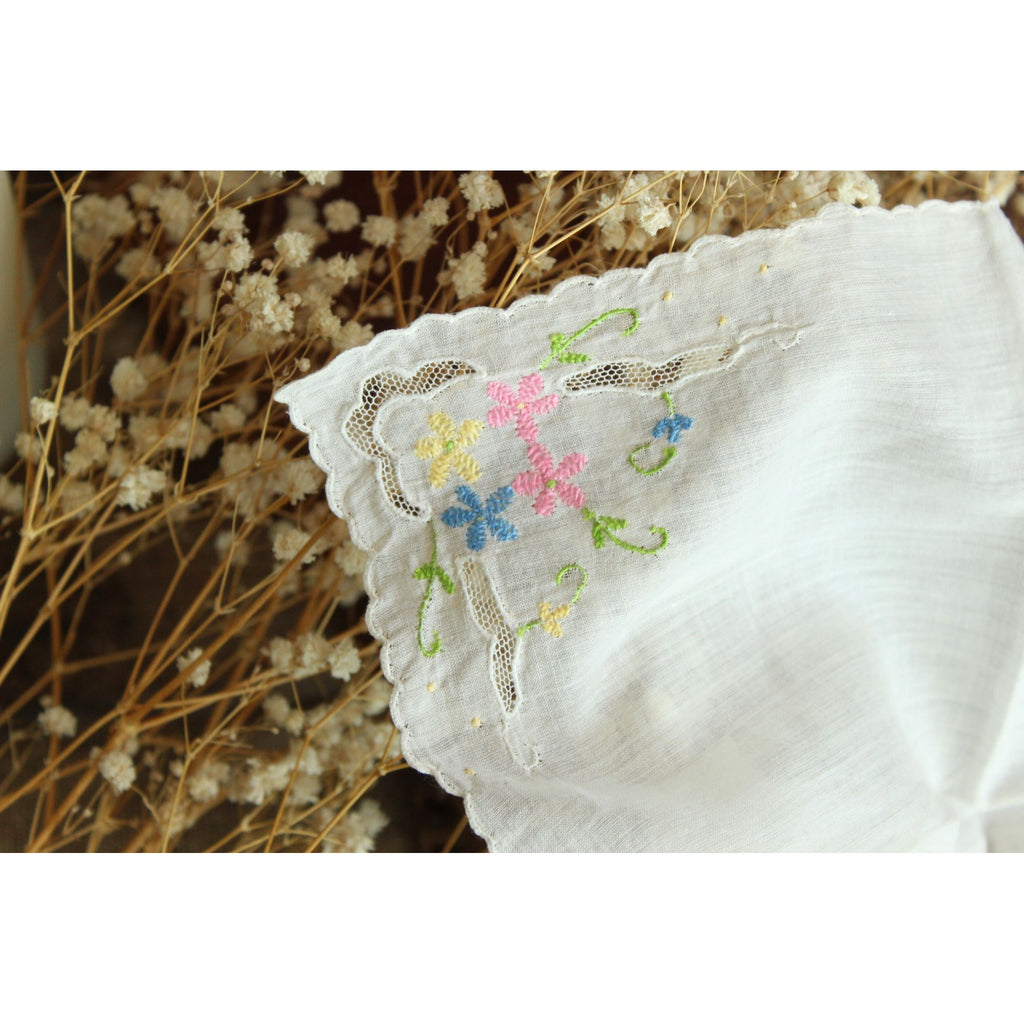 Vintage Pink Blue and Yellow Flower Embroidery on White Cotton Hankie