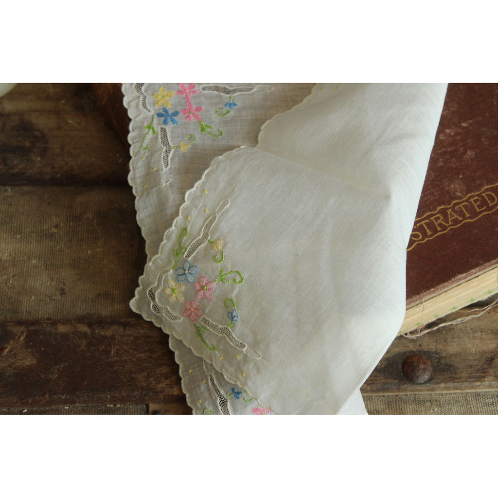 Vintage Pink Blue and Yellow Flower Embroidery on White Cotton Hankie