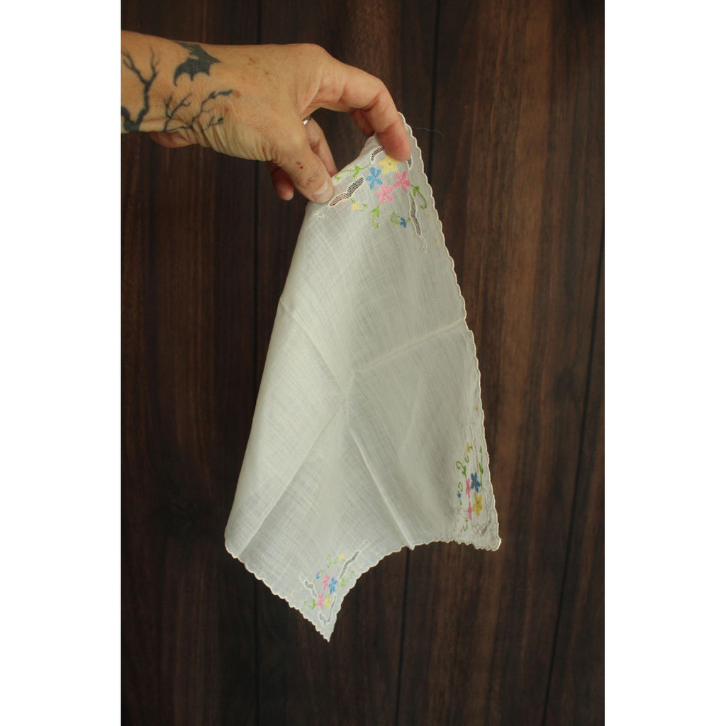 Vintage Pink Blue and Yellow Flower Embroidery on White Cotton Hankie