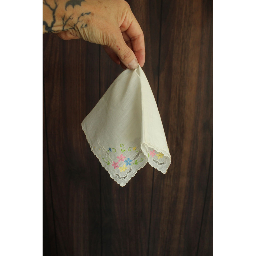 Vintage Pink Blue and Yellow Flower Embroidery on White Cotton Hankie