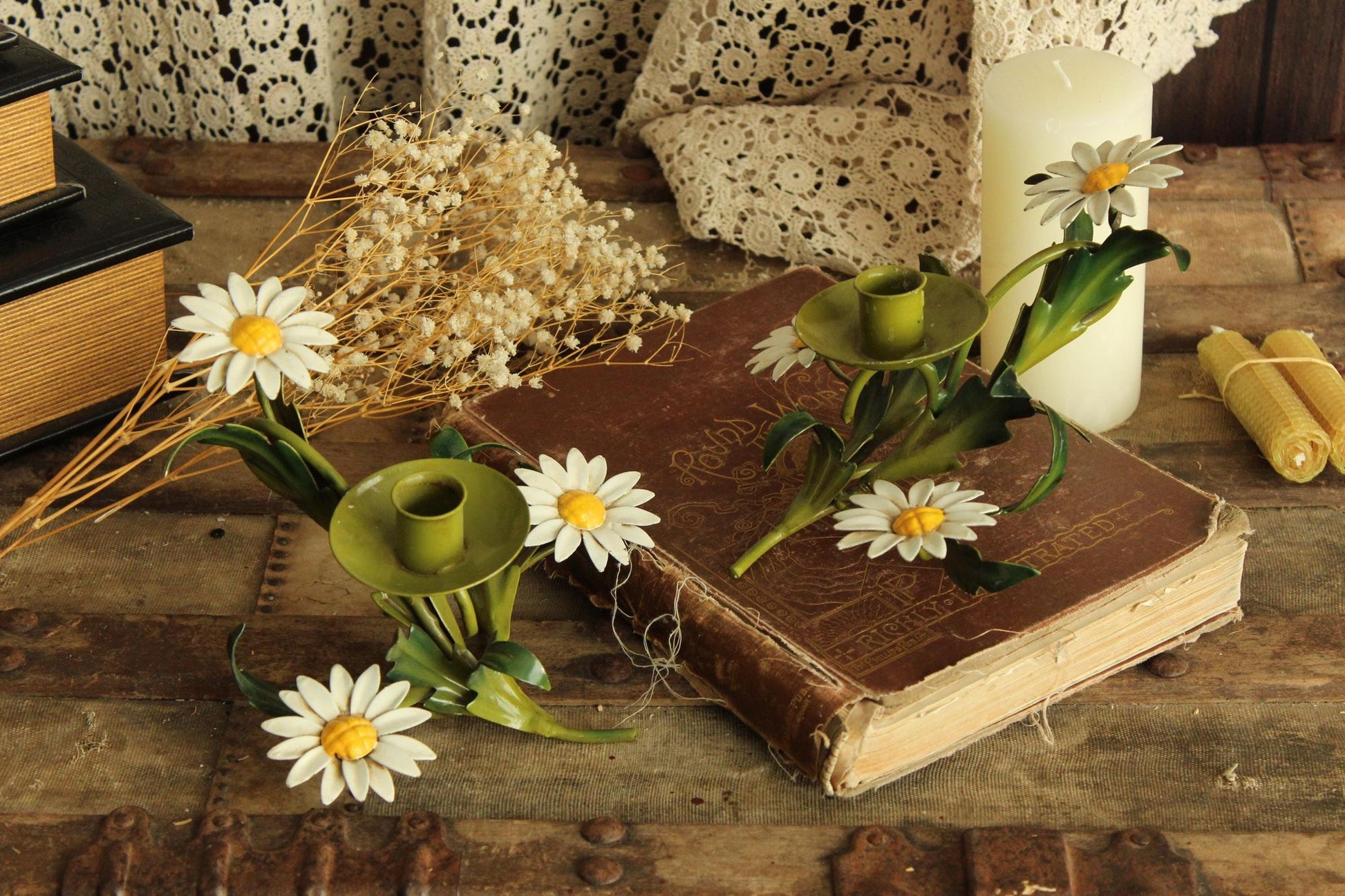 Vintage 1960s Italian Tole Daisy Candle Holders, Pair of Two