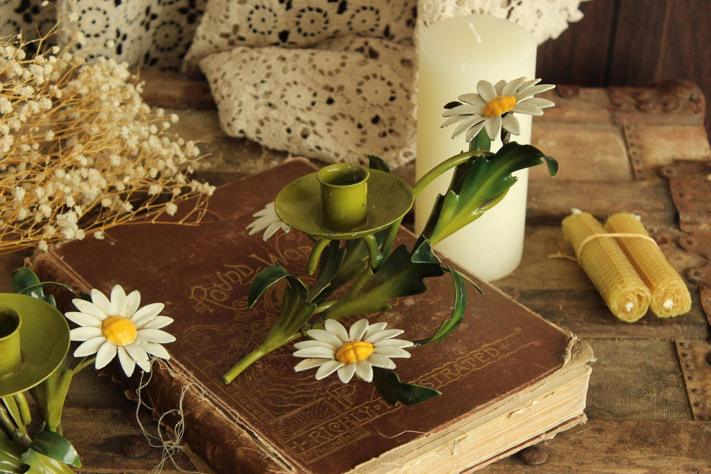 Vintage 1960s Italian Tole Daisy Candle Holders, Pair of Two
