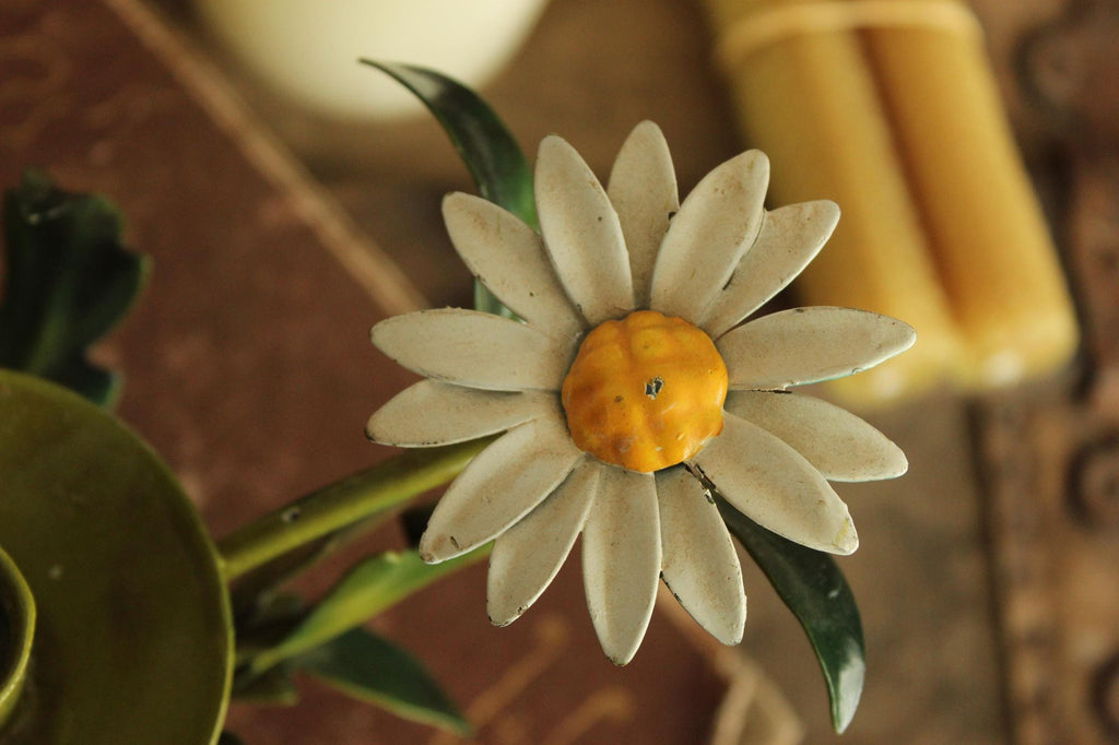 Vintage 1960s Italian Tole Daisy Candle Holders, Pair of Two