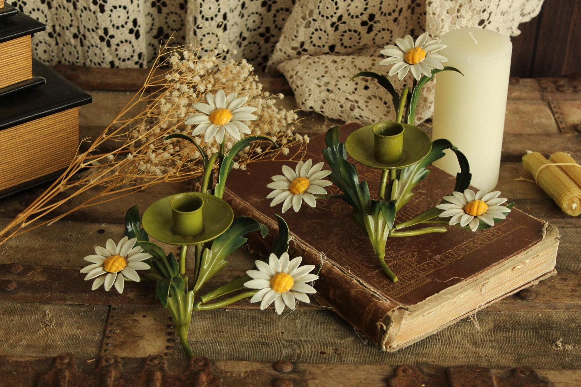 Vintage 1960s Italian Tole Daisy Candle Holders, Pair of Two