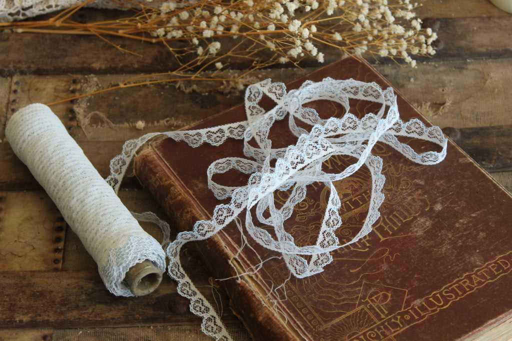 Vintage Lace Trim, White and Blue,  7/16" wide 2 yards