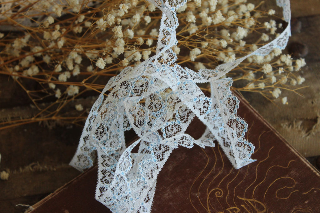 Vintage Lace Trim, White and Blue,  7/16" wide 2 yards