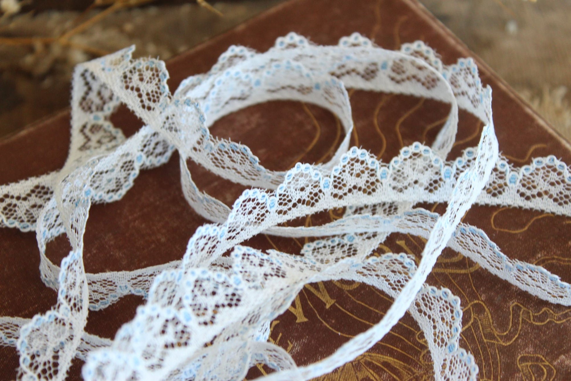 Vintage Lace Trim, White and Blue,  7/16" wide 2 yards