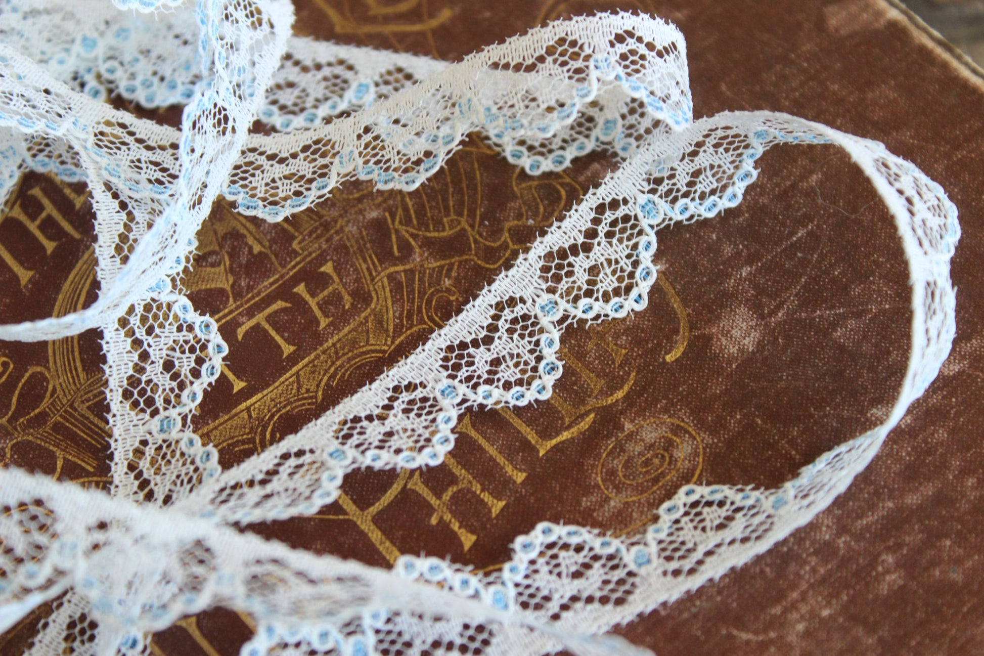 Vintage Lace Trim, White and Blue,  7/16" wide 2 yards