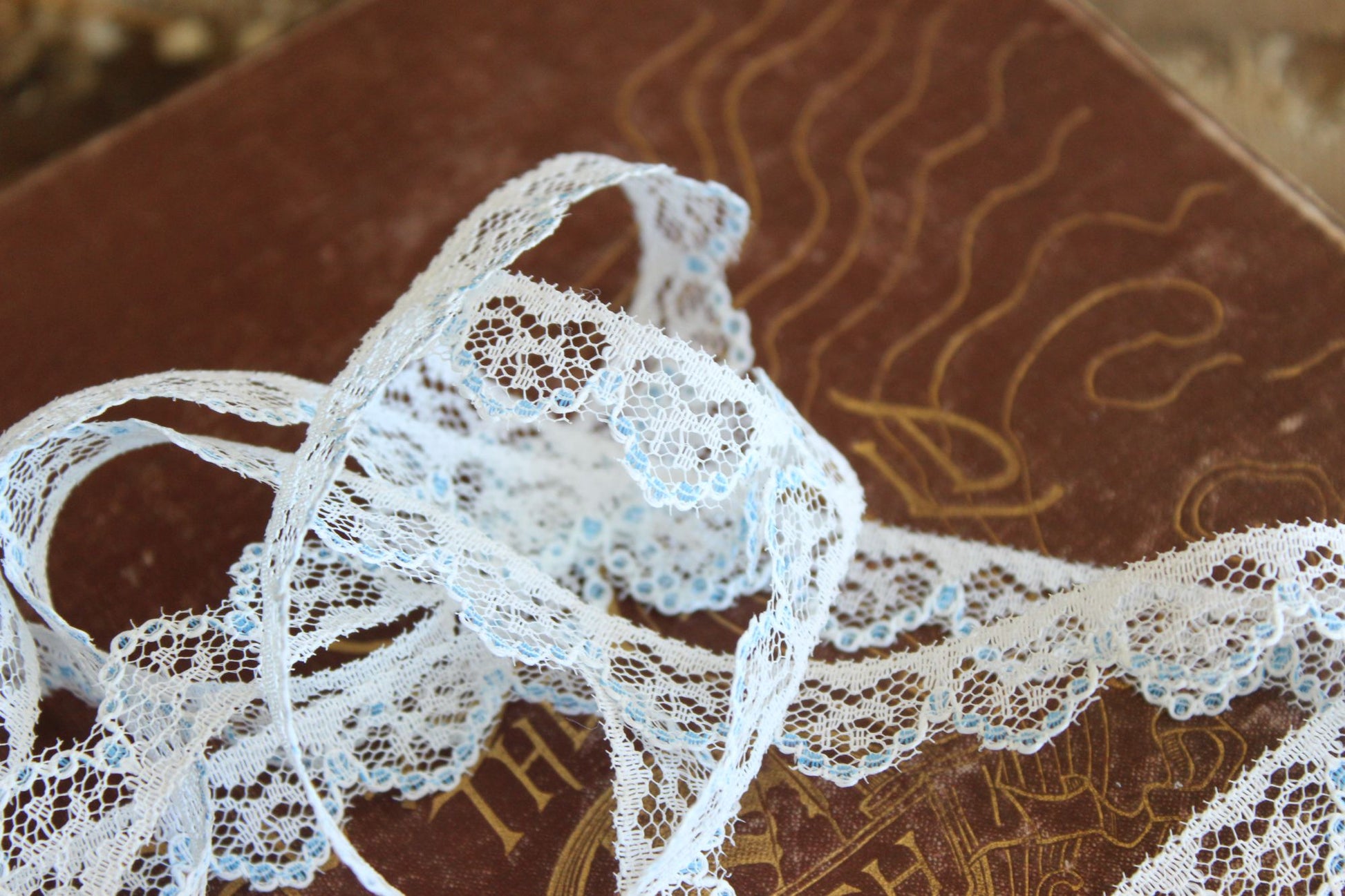 Vintage Lace Trim, White and Blue,  7/16" wide 2 yards