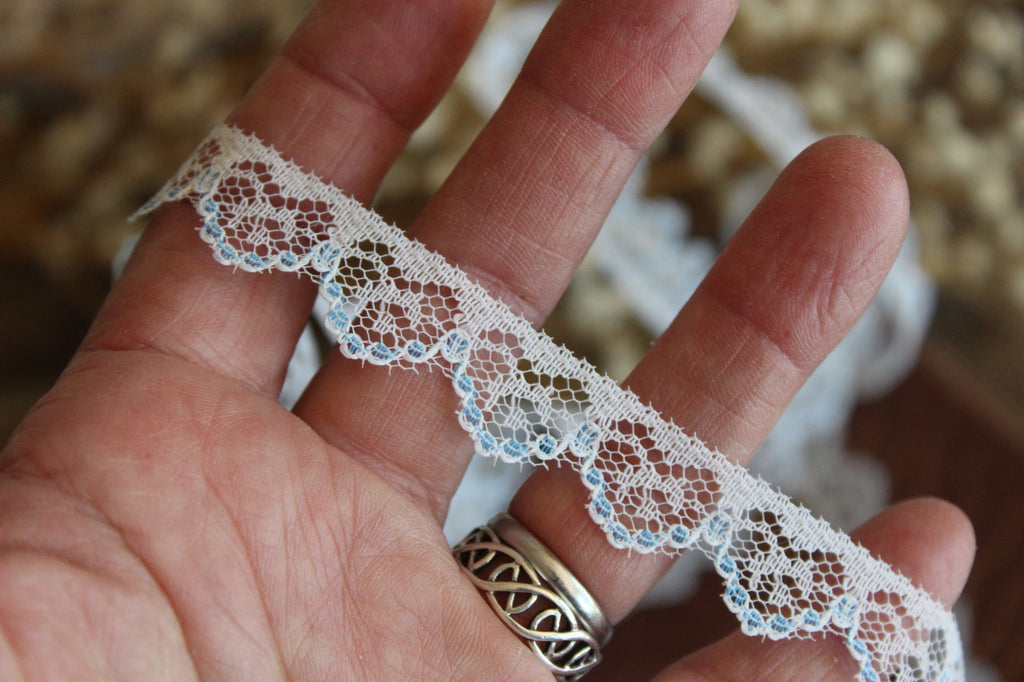 Vintage Lace Trim, White and Blue,  7/16" wide 2 yards